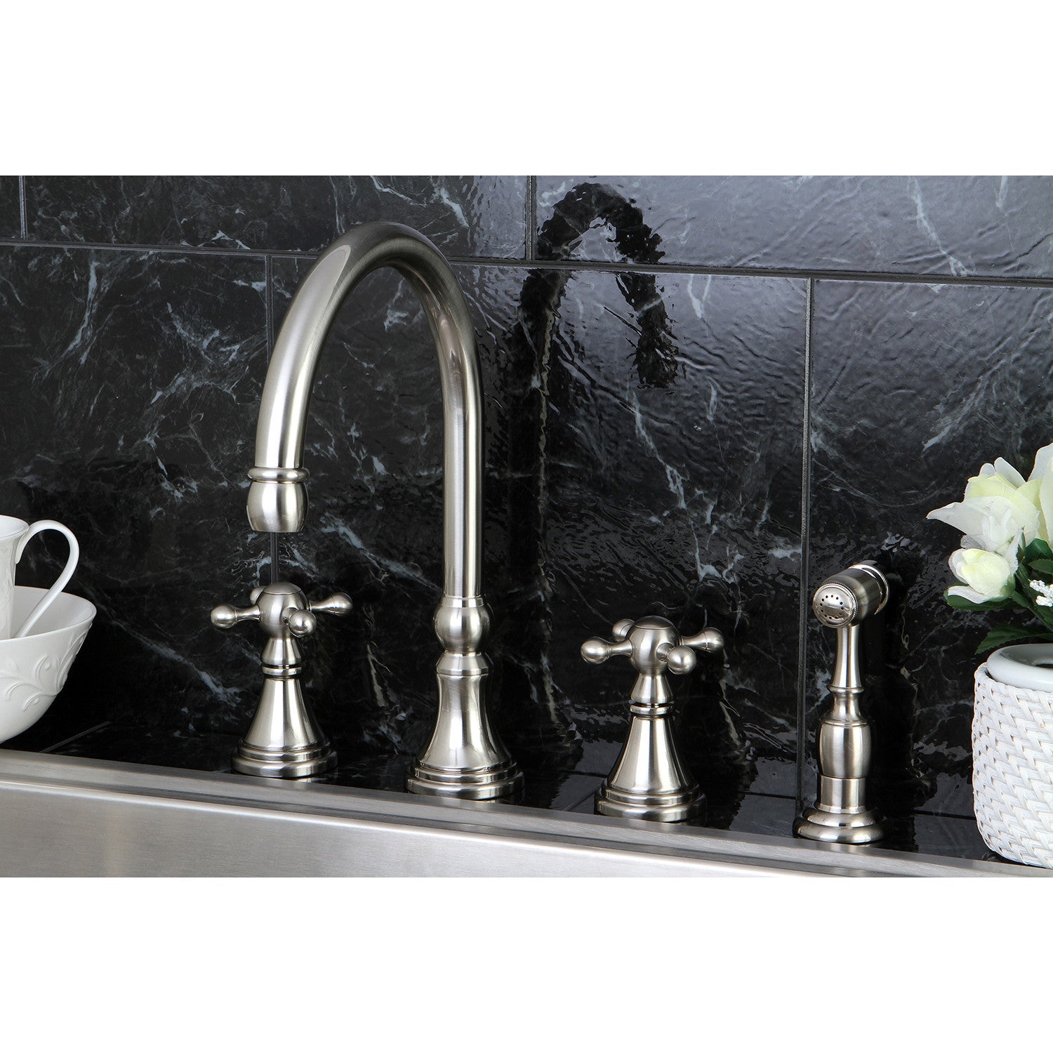 Kingston Tulare KS2798KXBS - Governor Double-Handle 4-Hole Widespread Kitchen Faucet with Brass Sprayer, Brushed Nickel — thumbnail 3